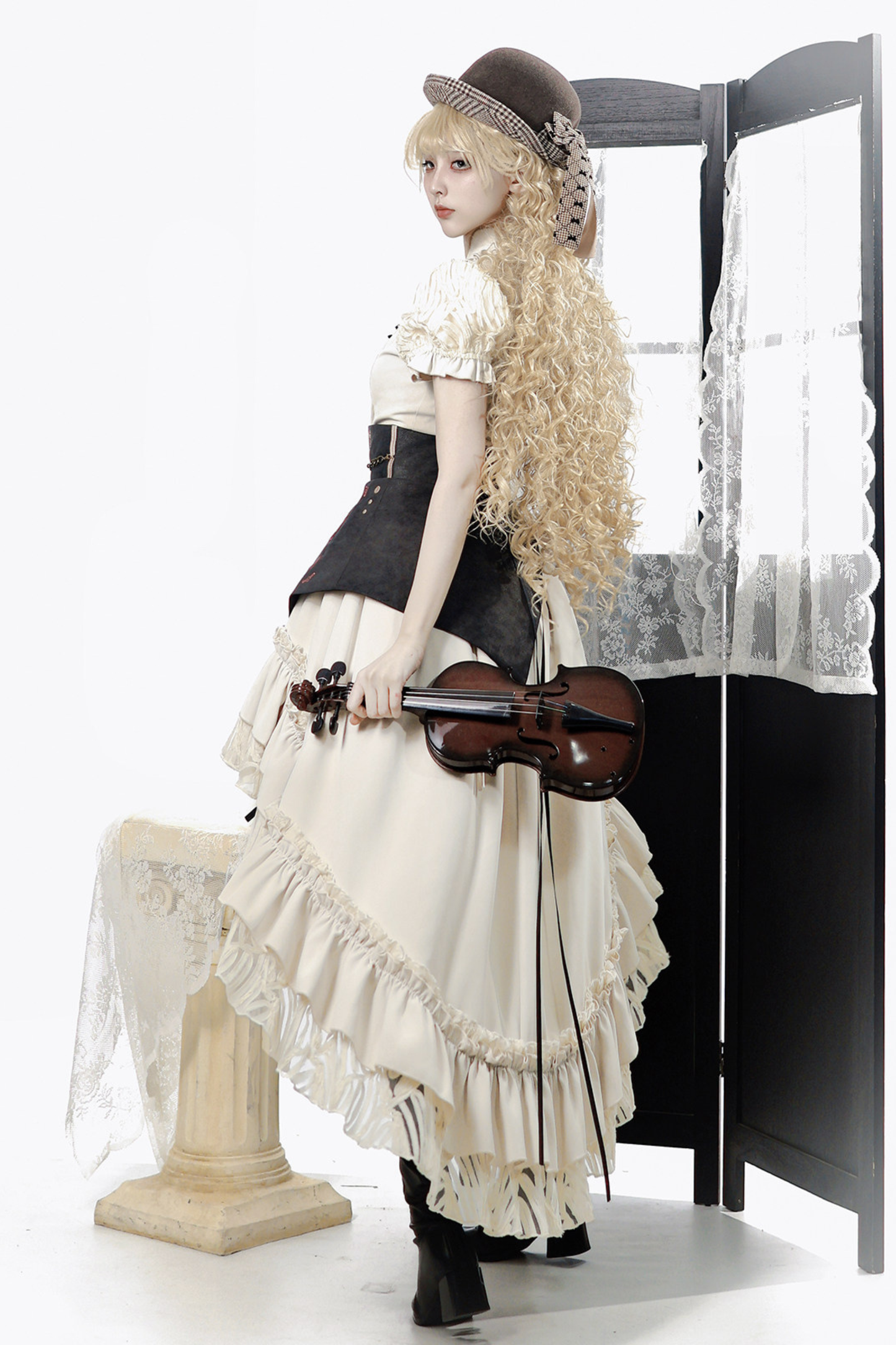 Vintage Lolita Puff Sleeve Top + Asymmetrical Skirt + Corset