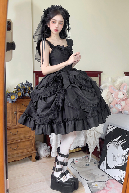 Dark Gothic Ribbon Lolita Dress + Waist Belt + Train + Hairband