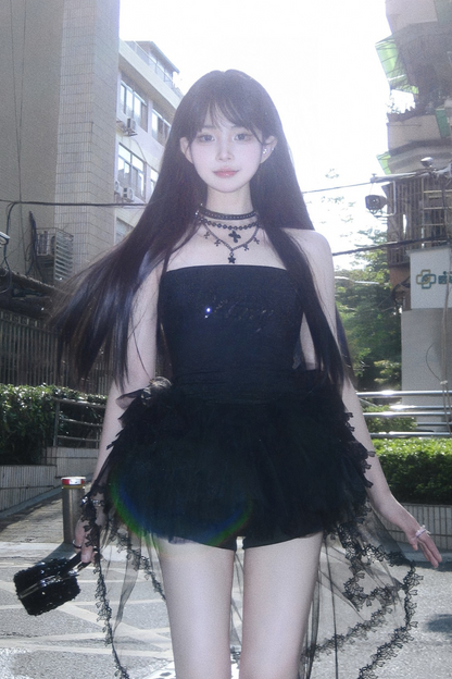 スパンコールトップス＋メッシュAラインスカート