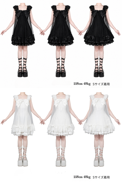 【6月4日予約締切】ホワイト/ブラックスウィートゴシックボウチュールティアードJKSドレス（レースバージョン・ファートリムバージョン）