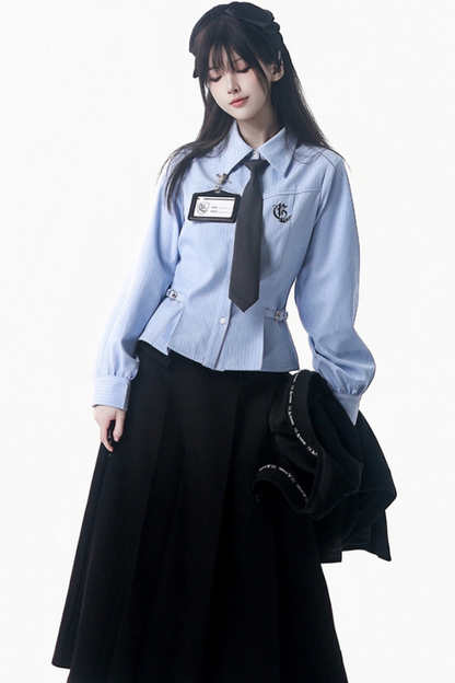 カレッジブルーシャツ+カーディガン+ショートスカート+ロングスカート