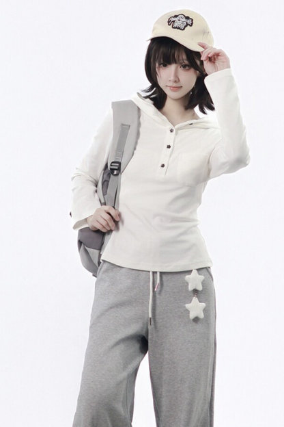 Star Button Hooded Top