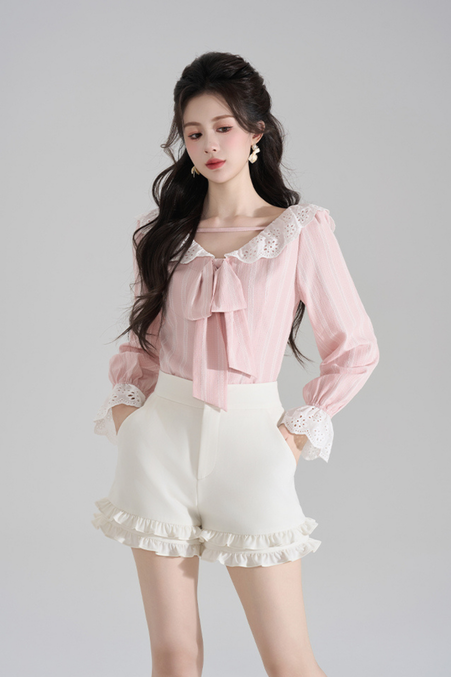 Pink Striped Lace Trim Blouse + Ruffled Shorts