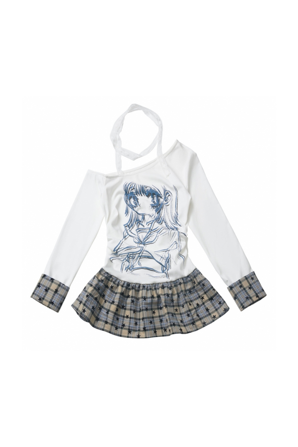 Y2Kガールチェックペプラムワンショルダートップス