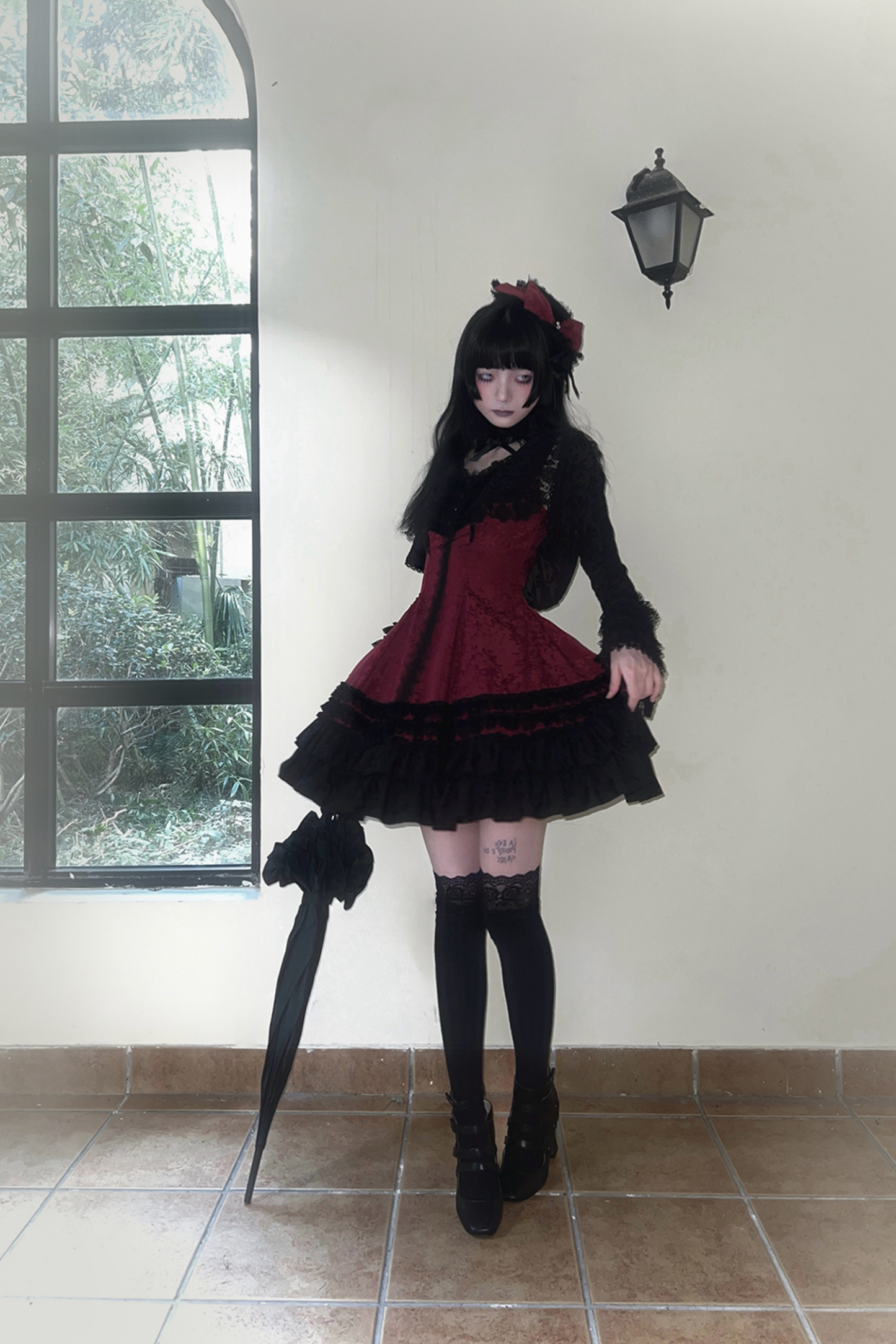 ダークテーラースリムゴシックロリータドレス+アウター