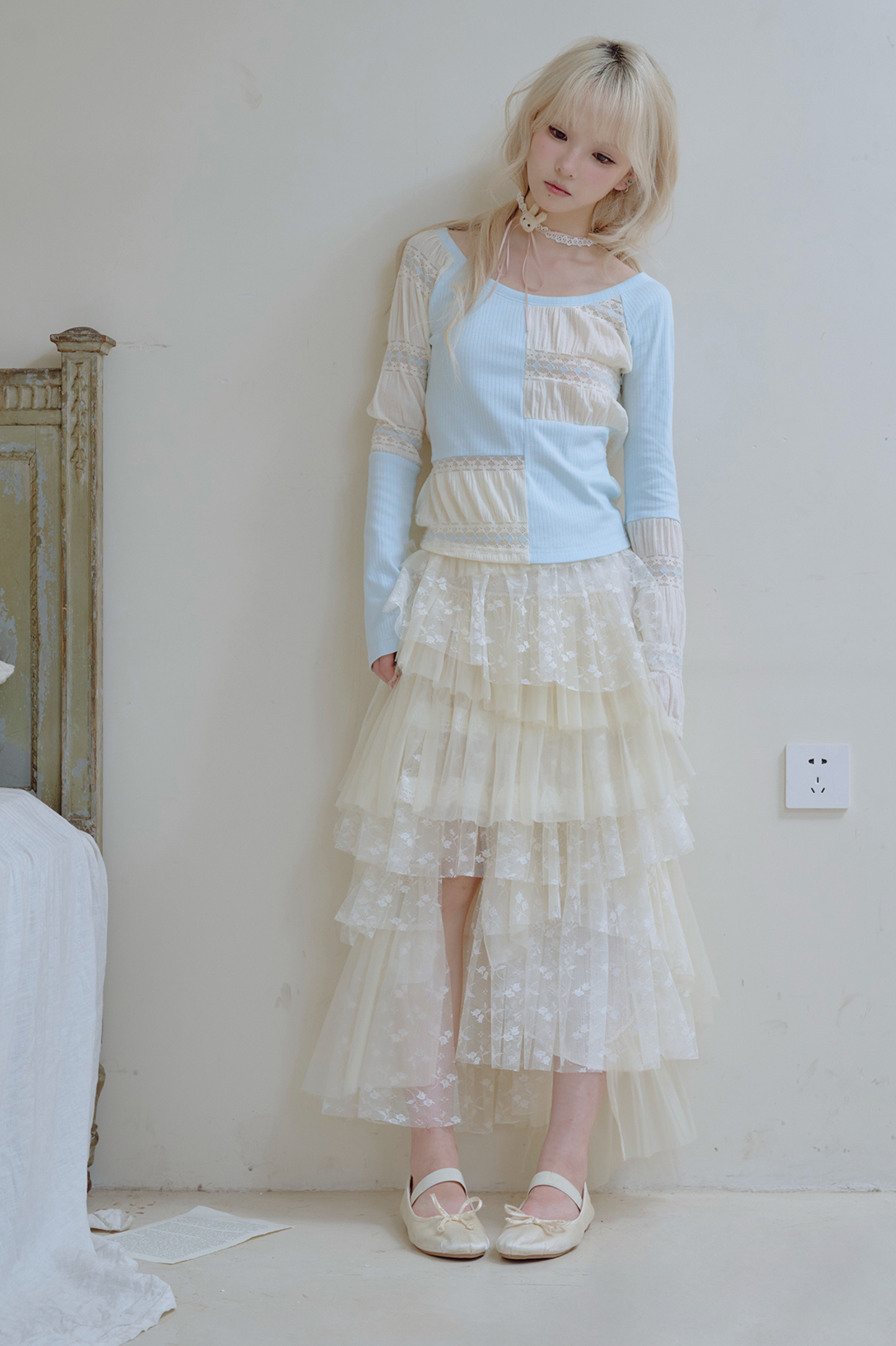 パッチワークデザインクルーネックトップス