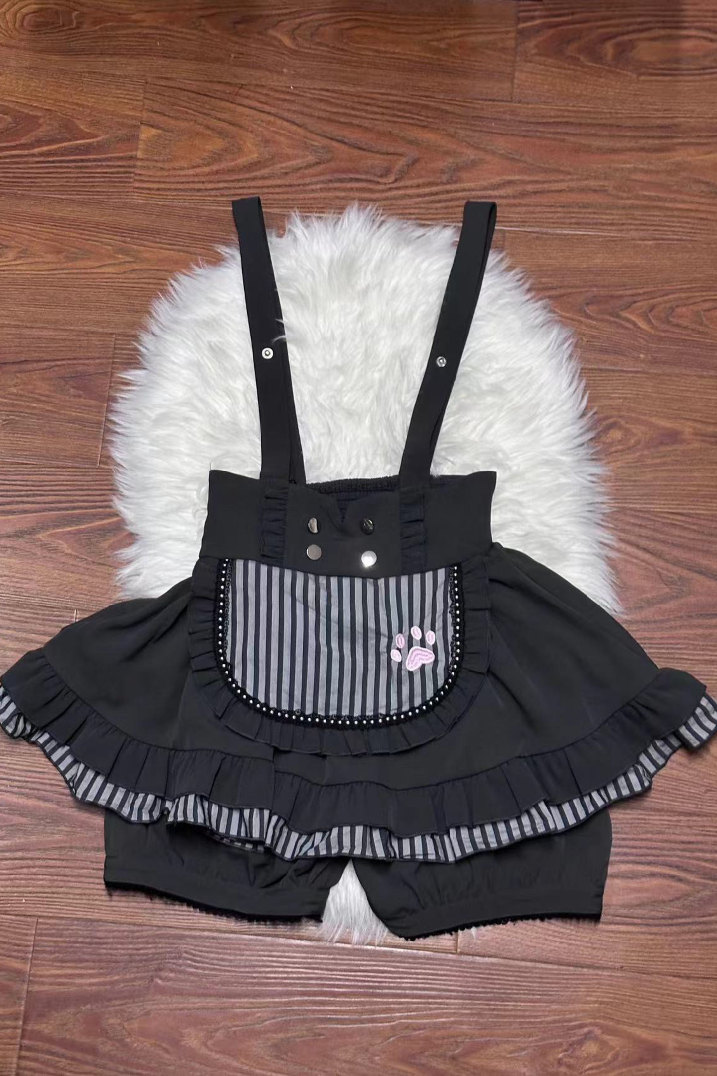 キュートキャットパフスリーブトップス+サスペンダースカート+パンツ+ハット