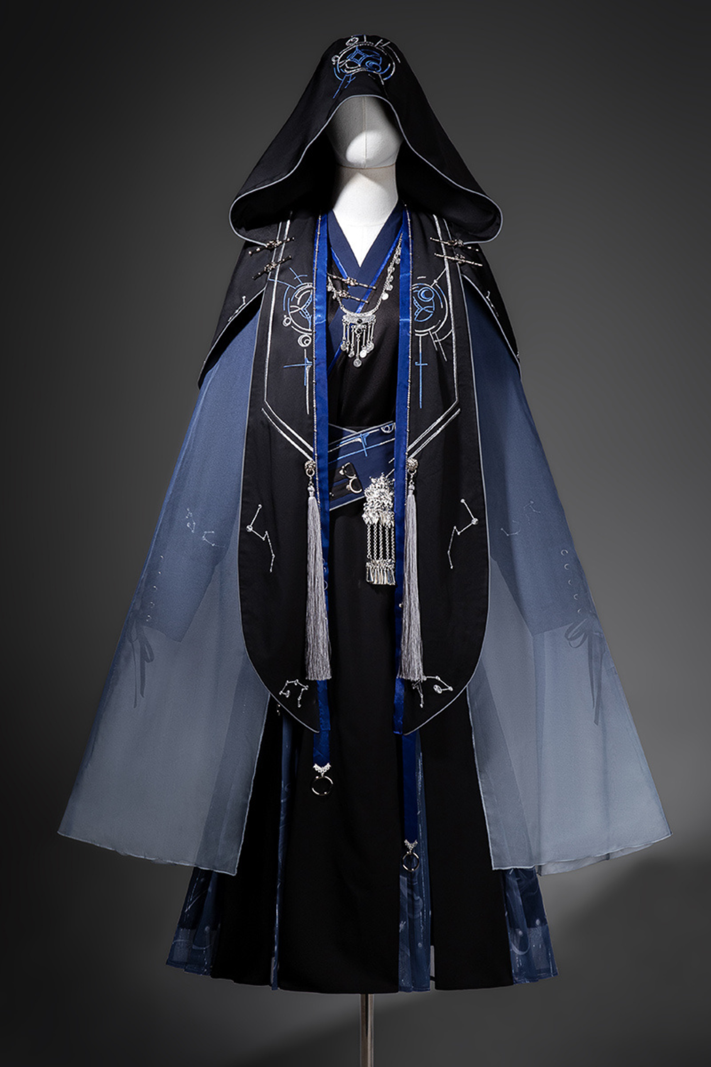 Dark china hooded top + belt + cape + necklace + skirt