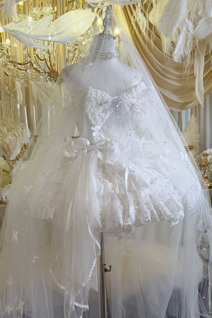 [Vorbestellung bis 4. April]Weißes Feder-Zeremonienkleid + Schal + Schwanz + Schleier + Schleife + Ärmel