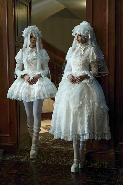 White gothic gemini Lolita dress + corset + ribbon + hair band + veil
