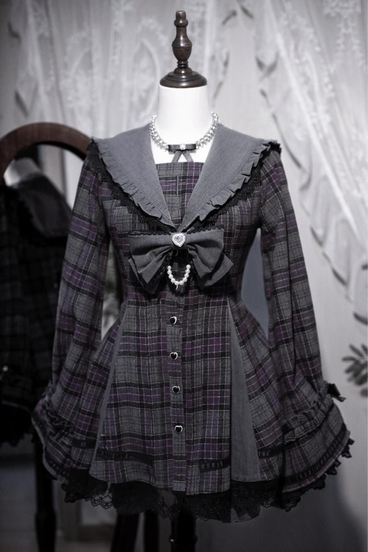 【12月24日予約締切】ゴシックセーラーカラーレースリボンチェックドレスセットアップ