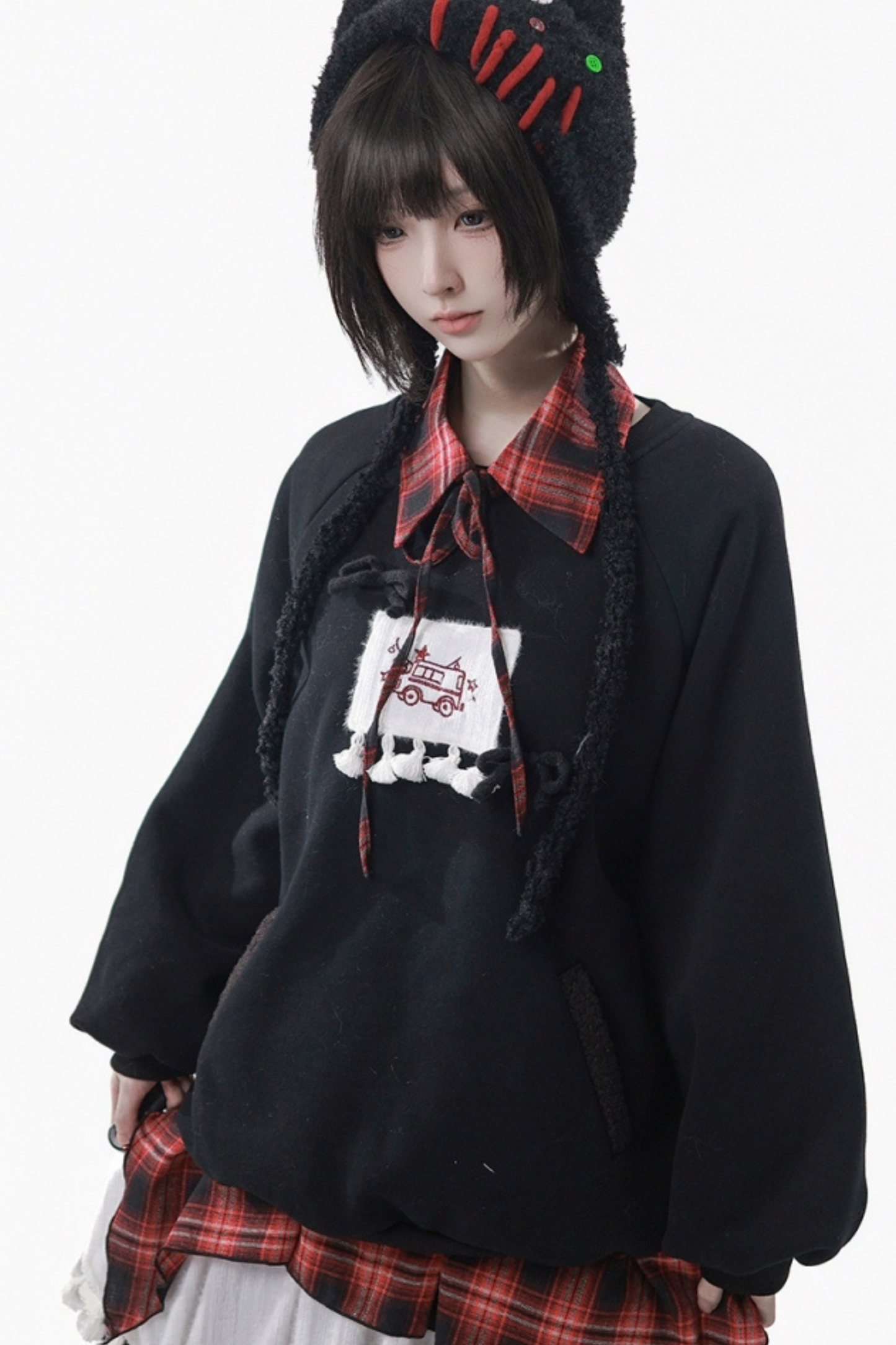 ルーズフリーススウェット+チェックスカート