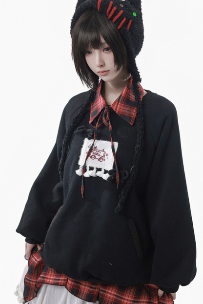 ルーズフリーススウェット+チェックスカート