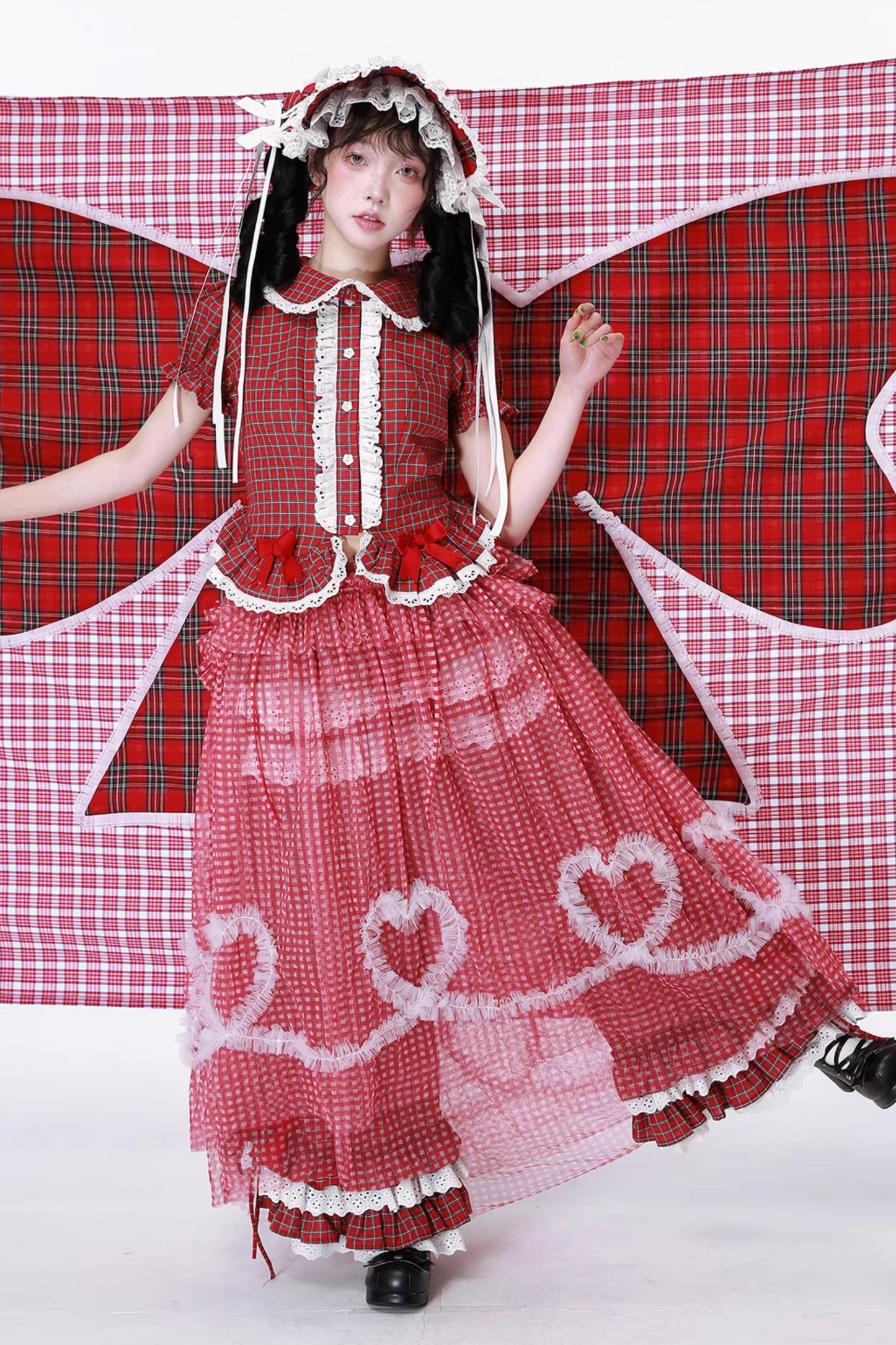 Retro Heart Mesh Plaid Skirt