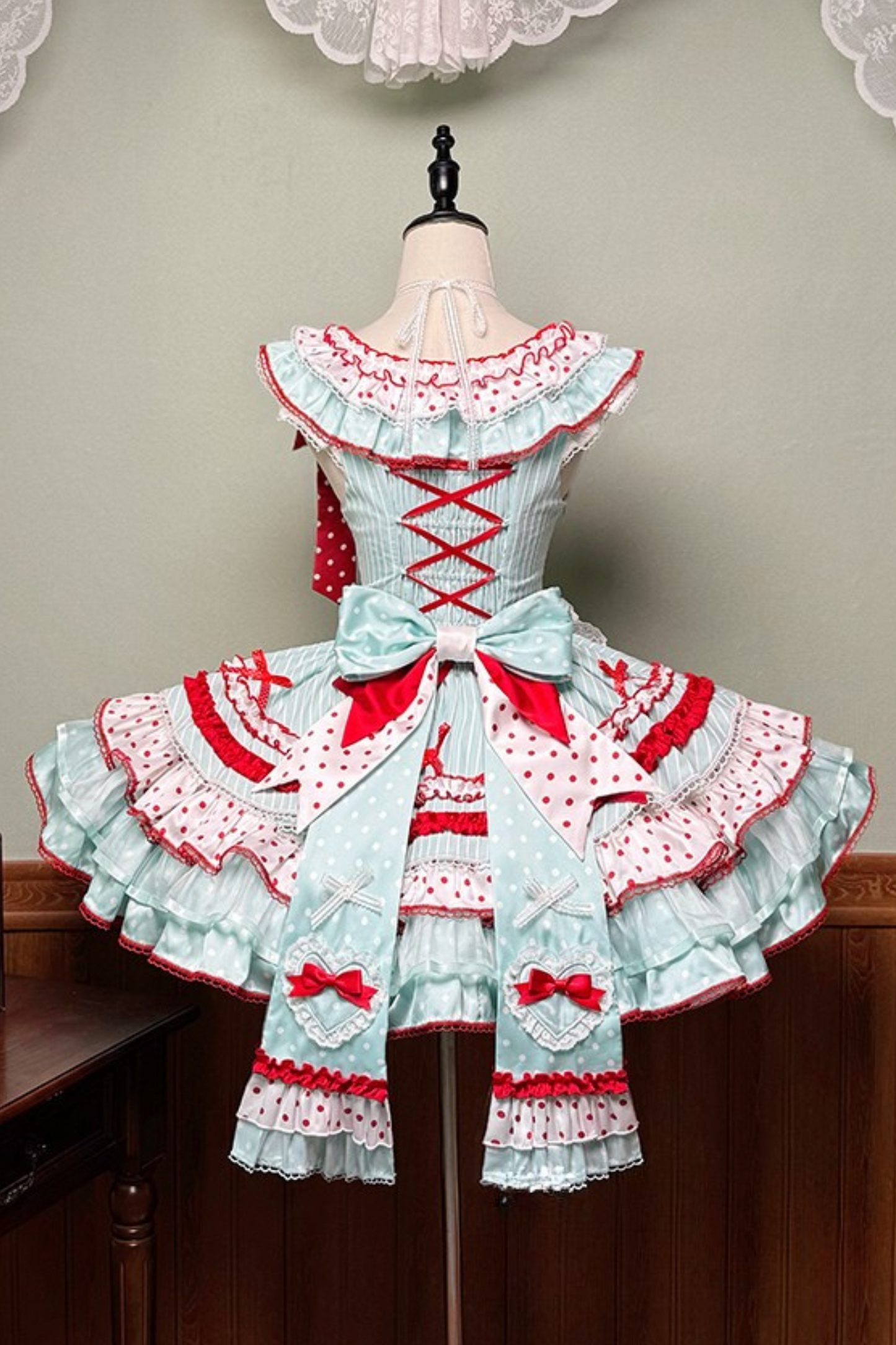 [Pre-order Deadline: September 27] Twin Tiered Lolita Dot Ribbon Striped Dress + Flower Bud Skirt Dress