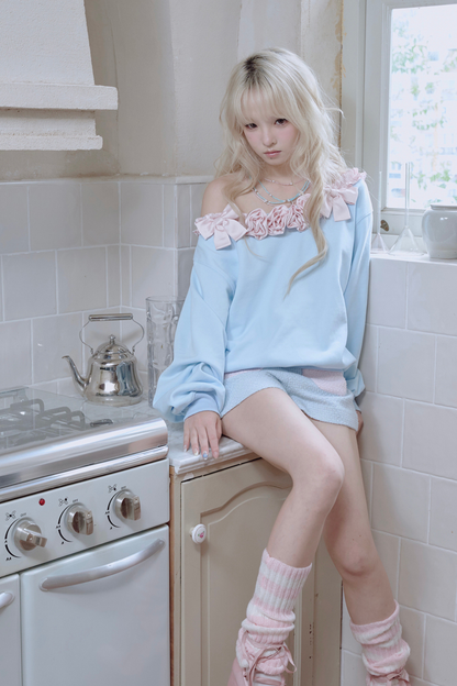 ローズサテンリボンワンショルダースウェット