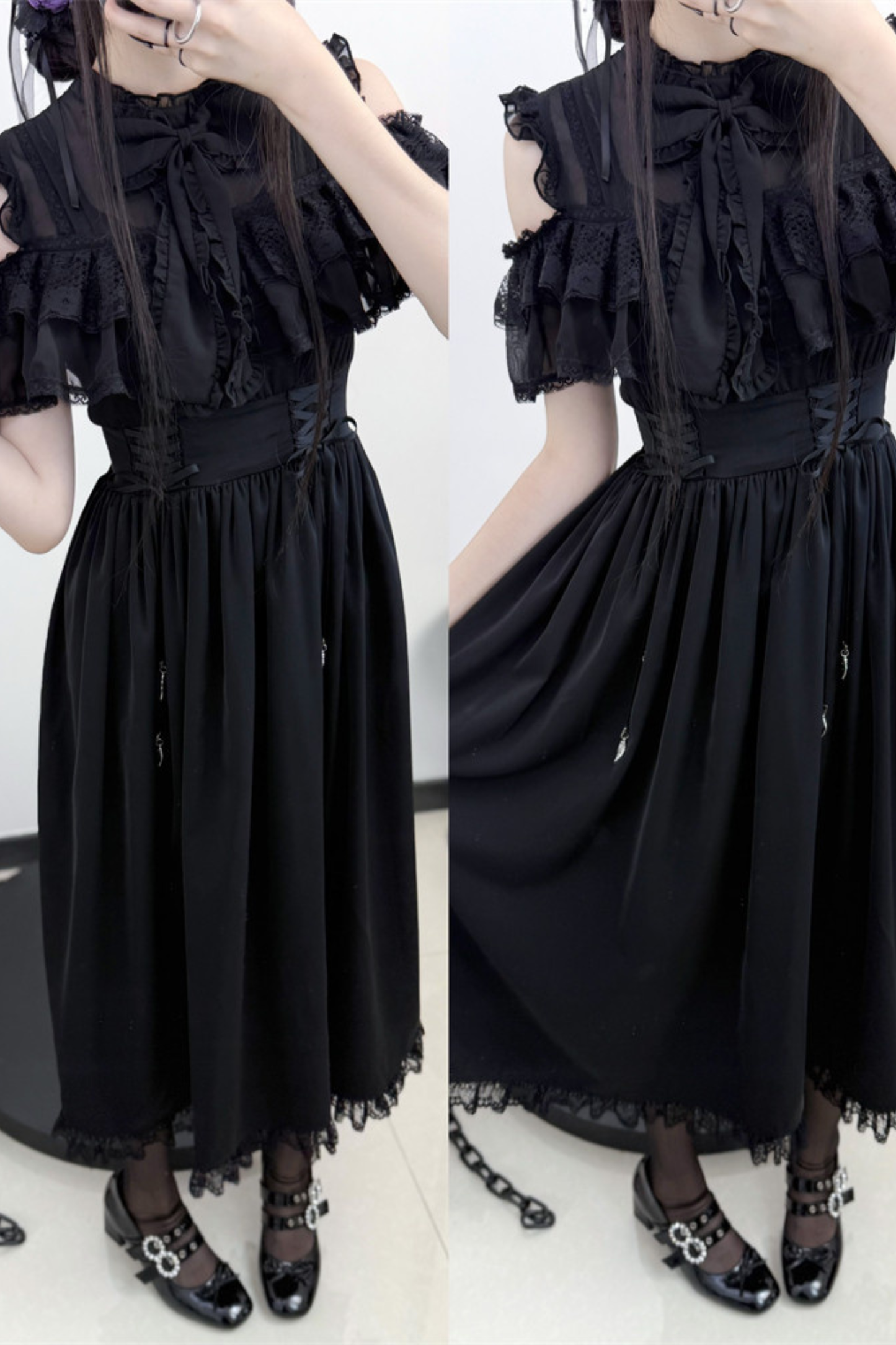 Dark Kawaii Schulterfreies Spitzenkleid