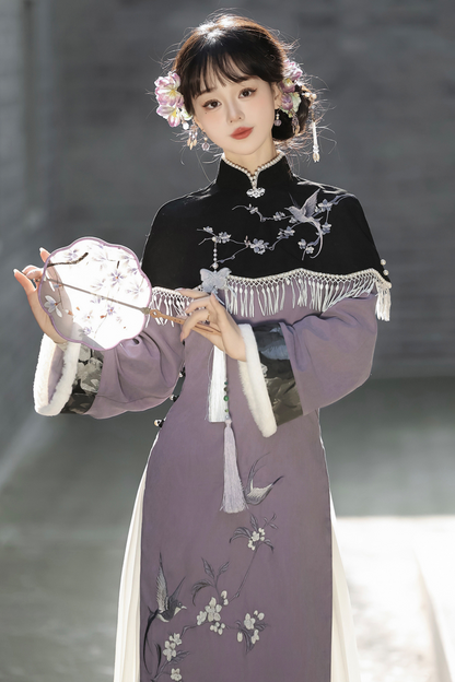 Retro China Dark Long Dress + China Shawl + Skirt