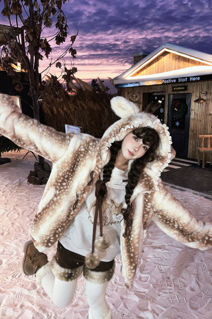 鹿柄フード付きホーンバックルファーコート