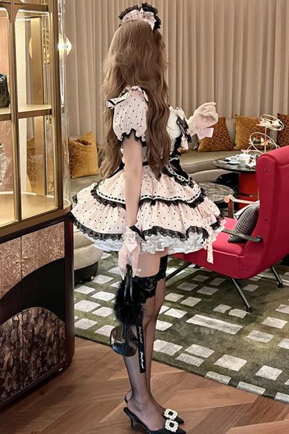 スイートリトルドットメイドロリータドレス+エプロン+ヘッドアクセサリー+ベール