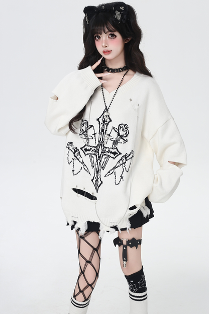 ゴシックライトアジアンVネックニッチルーズセーター