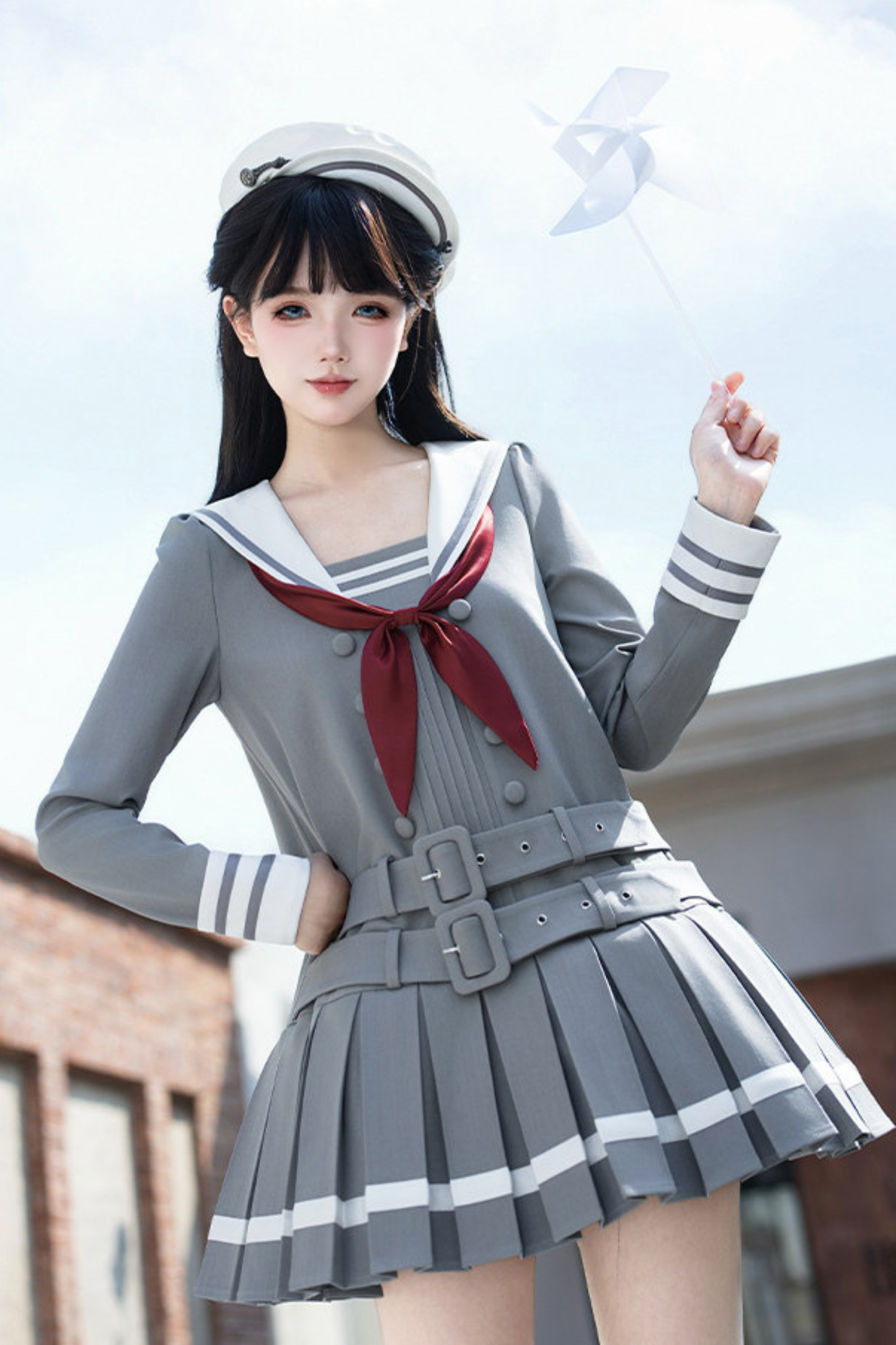 Robe collège plissée à col marin + Ruban + Chapeau
