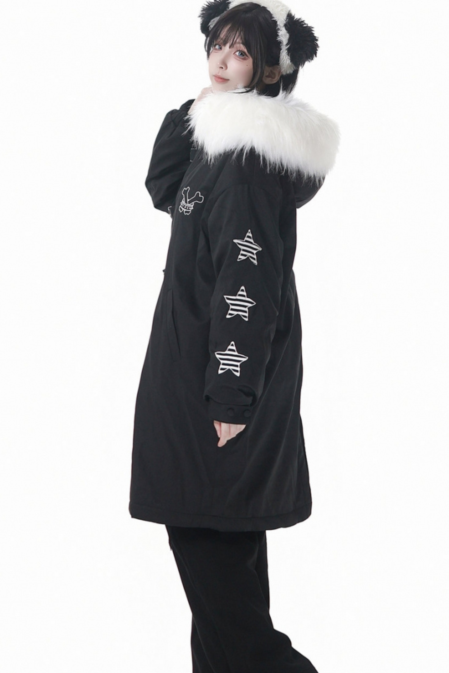 ダークカラーファーフードミドルコート