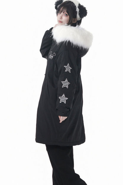 ダークカラーファーフードミドルコート