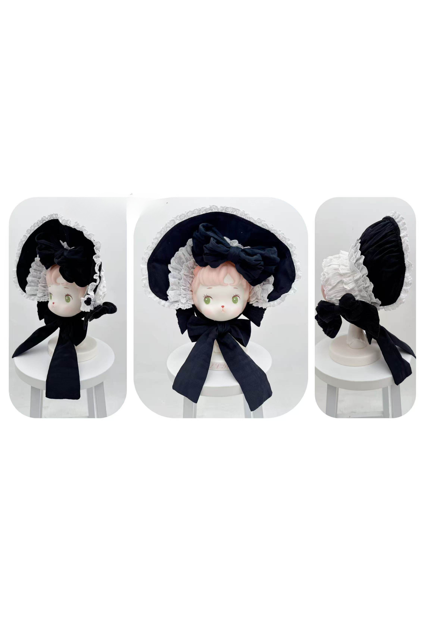 モノクロドールロリータドレス+カチューシャ+ボンネット+クリップ