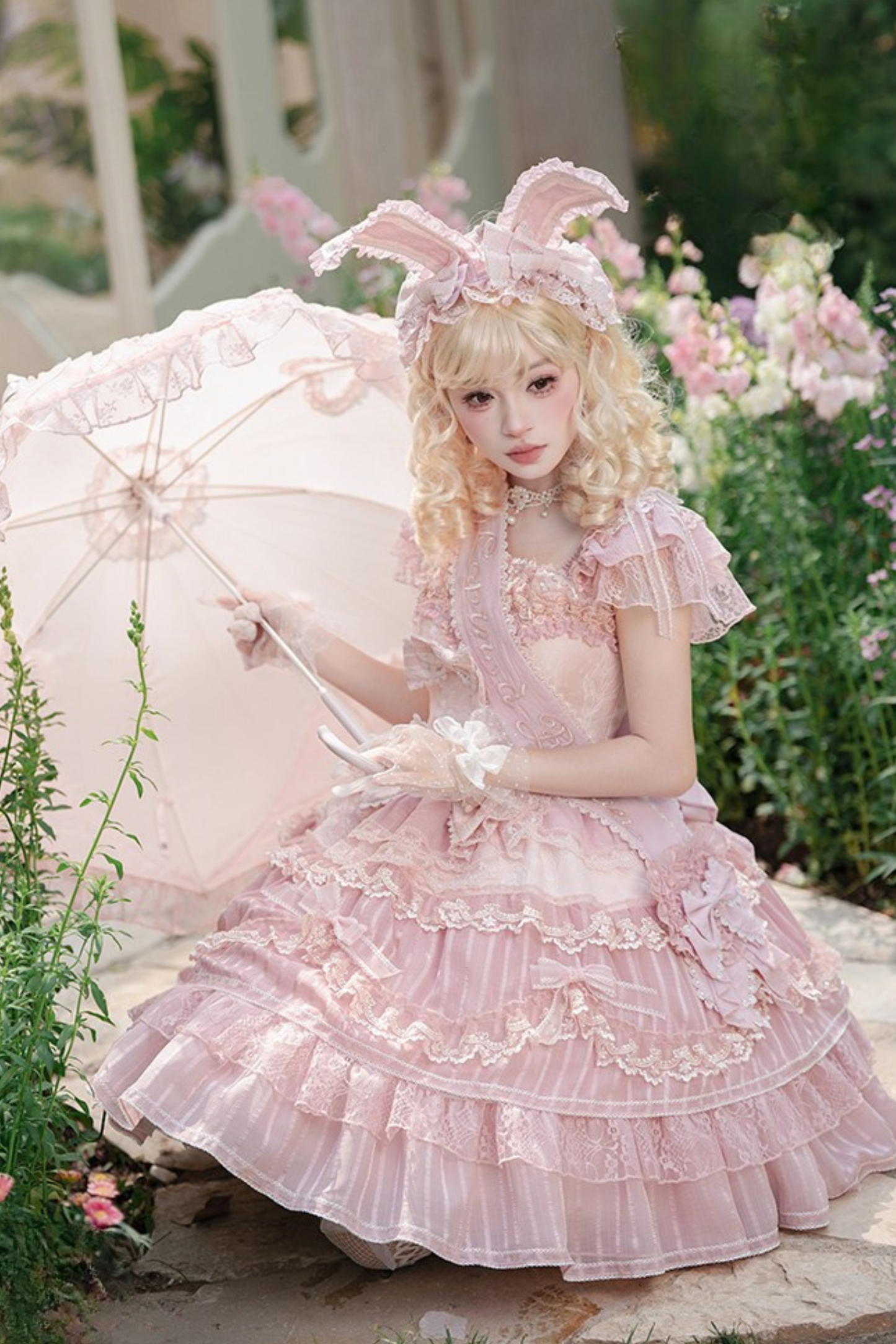 【6月20日予約締切】ピンク/ブルースイートラビットリボンフェアリープリンセスレースティアードJKSドレス