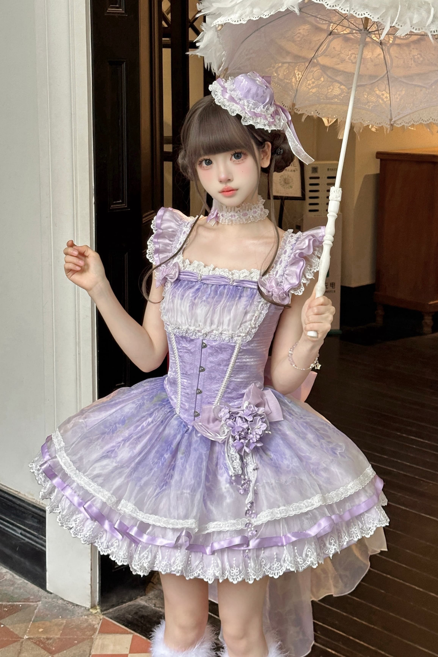 【予約商品】バレエスタイルエレガントドレス+ハット+ヘアバンド+リボンテール