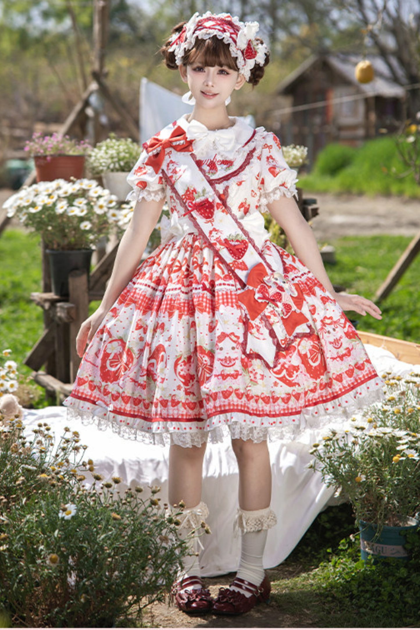 レッドベリーロリータドレス+リボン+ヘアバンド