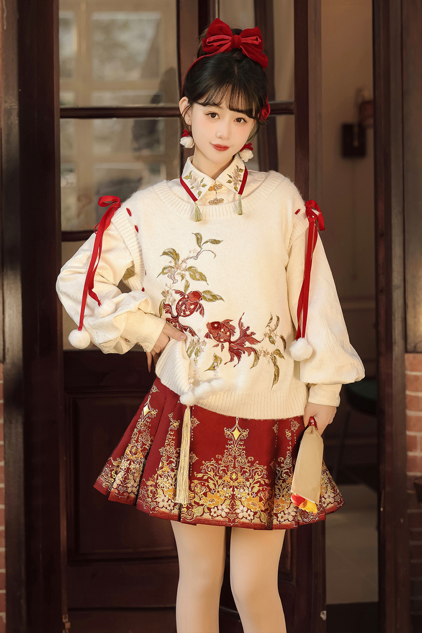 チャイナスノーニットベスト+シャツ+スカート