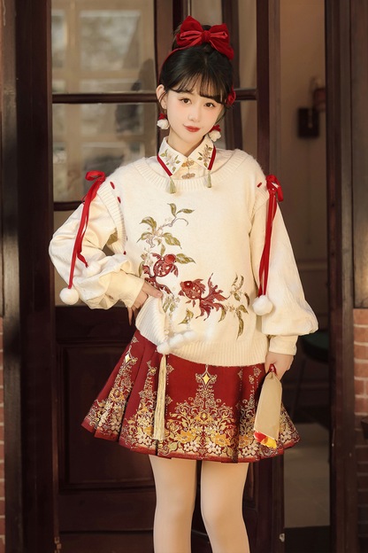 チャイナスノーニットベスト+シャツ+スカート