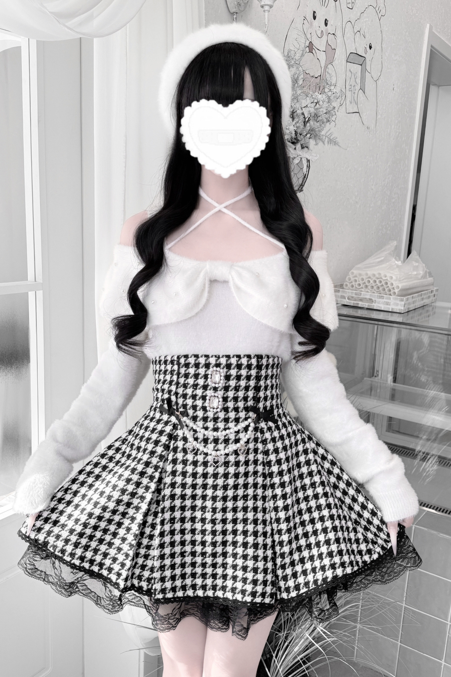 Ribbon mink velvet off-the-shoulder sweater