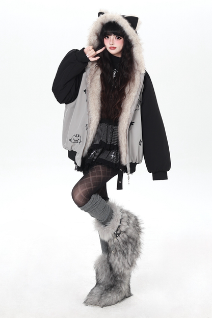 Cat Ear Bicolor Fur Jacket