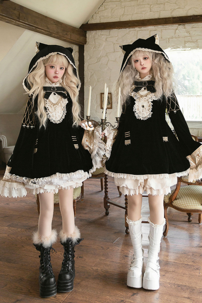 黒猫フリルクロックロリータドレス+パンプキンパンツ