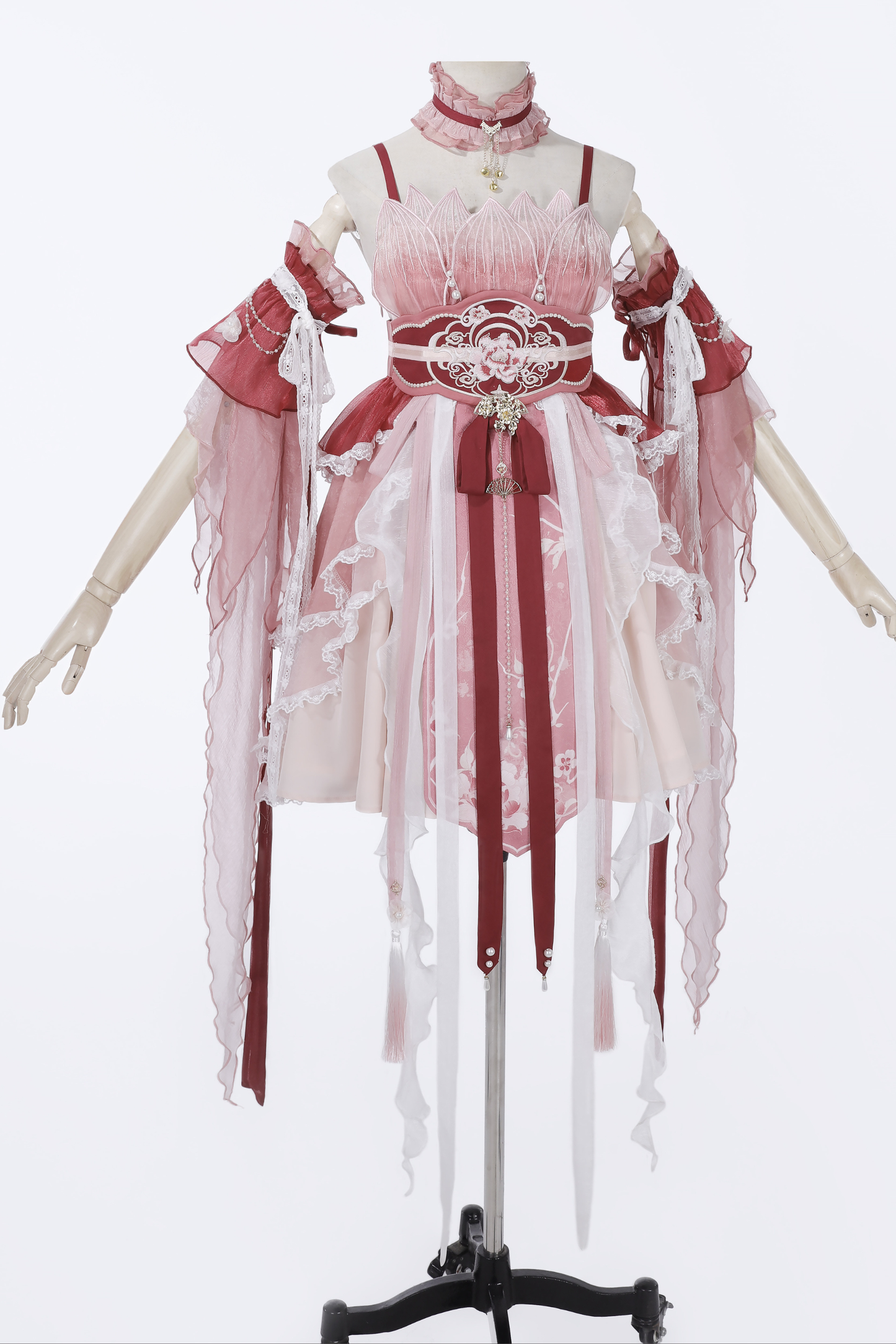 中国风印花羽毛连衣裙+羽毛袖+腰带