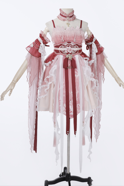 中国风印花羽毛连衣裙+羽毛袖+腰带