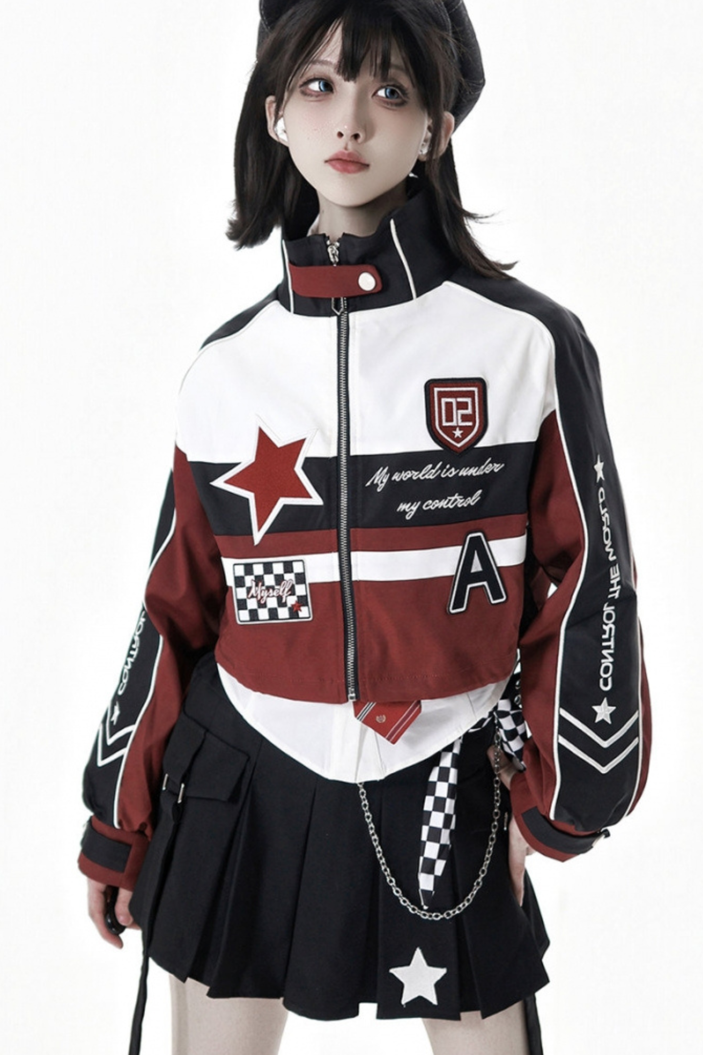 バイカージャケット+ネクタイ付きシャツ+スカート+ベルト