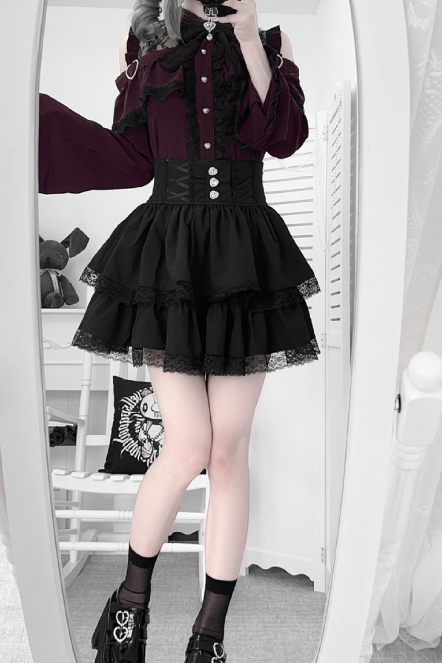 Lace off-the-shoulder shirt + lace-up skirt