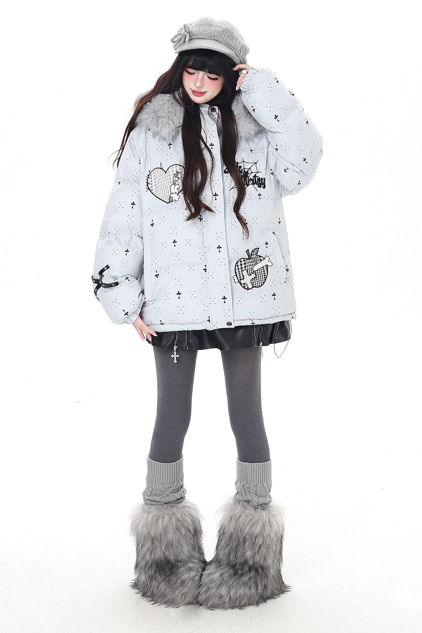 Dark rabbit design fur hooded jacket