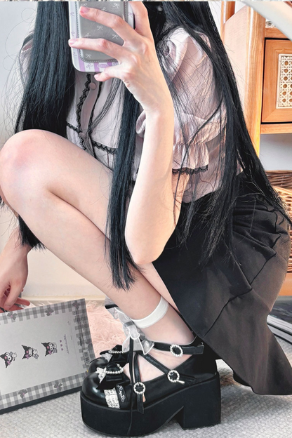 レイシープパフロリータレースラインストーンリボンフラットフォームシューズ