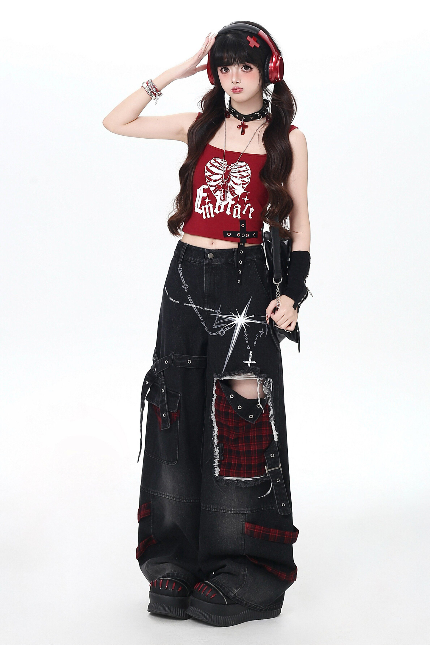 Plaid Patchwork Wide Denim Pants