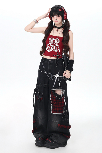 Plaid Patchwork Wide Denim Pants