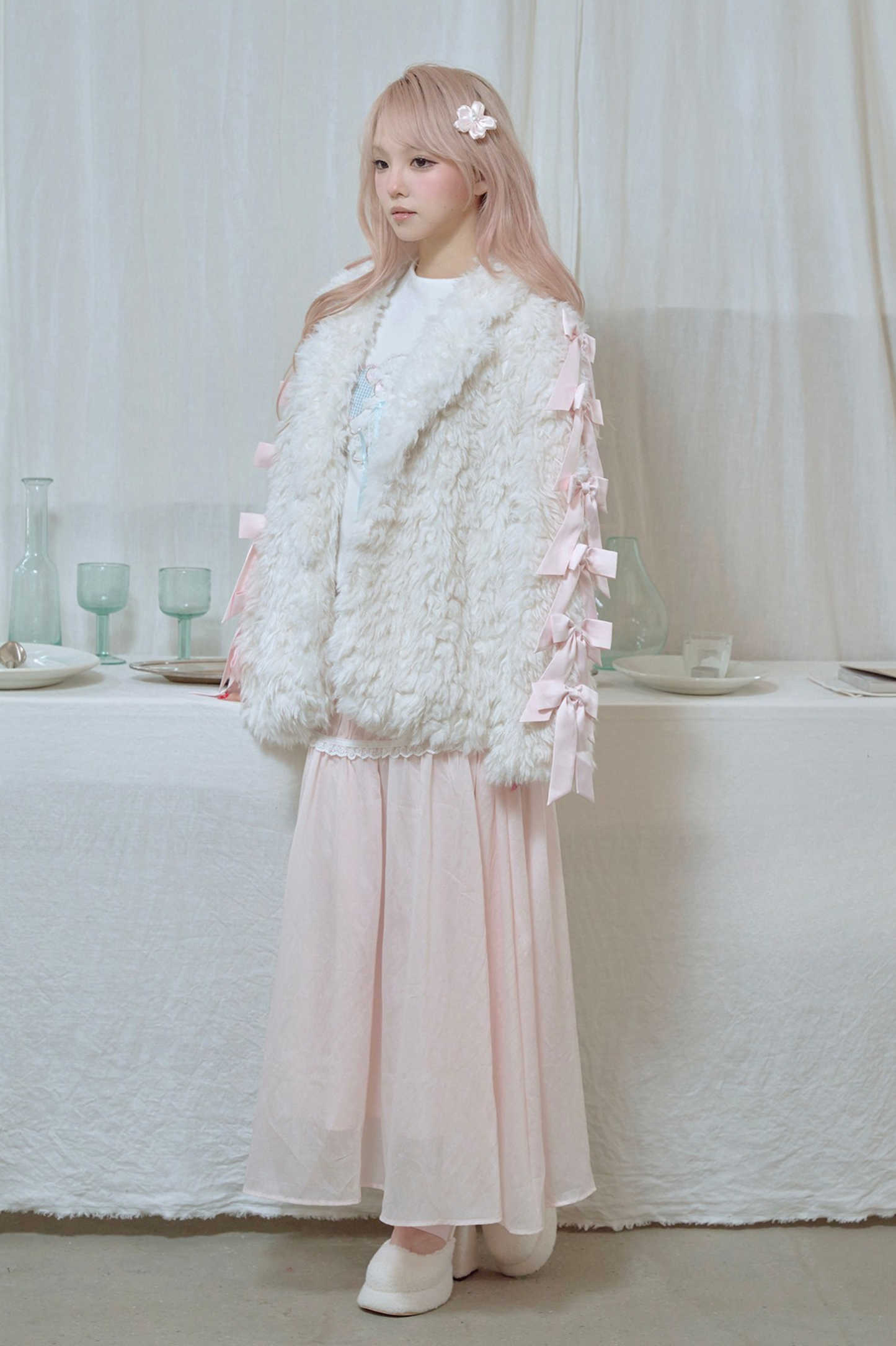 Satin ribbon fur coat