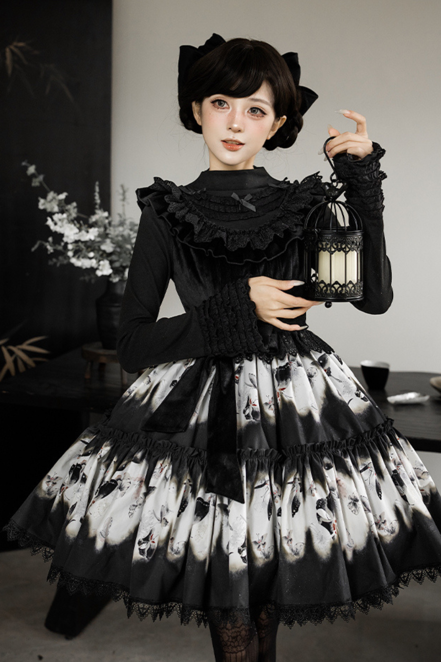 シックバタフライプリントスイングロリータドレス+ジャンパースカート+ヘアバンド+インナー+リボン