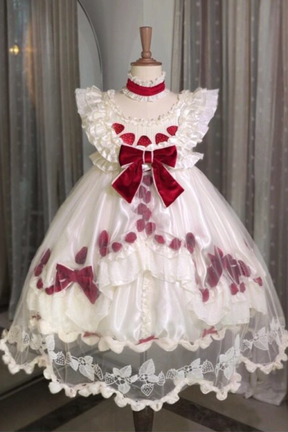 [3월 13일 예약마감] 스트로베리 크림 롤리타 원피스 + 케이크 모자 + 꼬리 + 보닛 + 페티코트