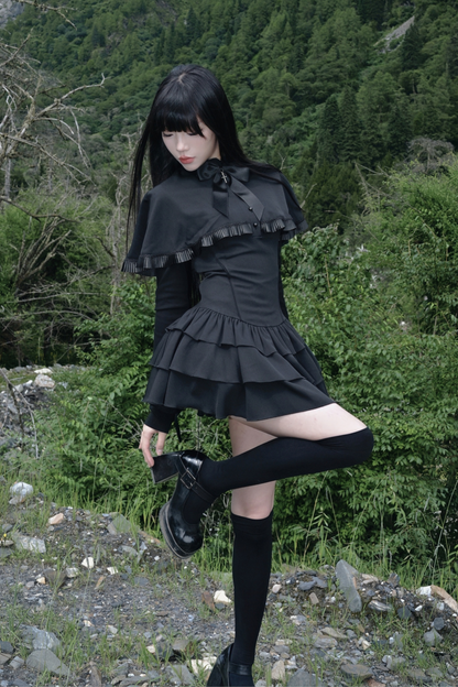 Ruffled Cape Design Low Rise Lace Dress