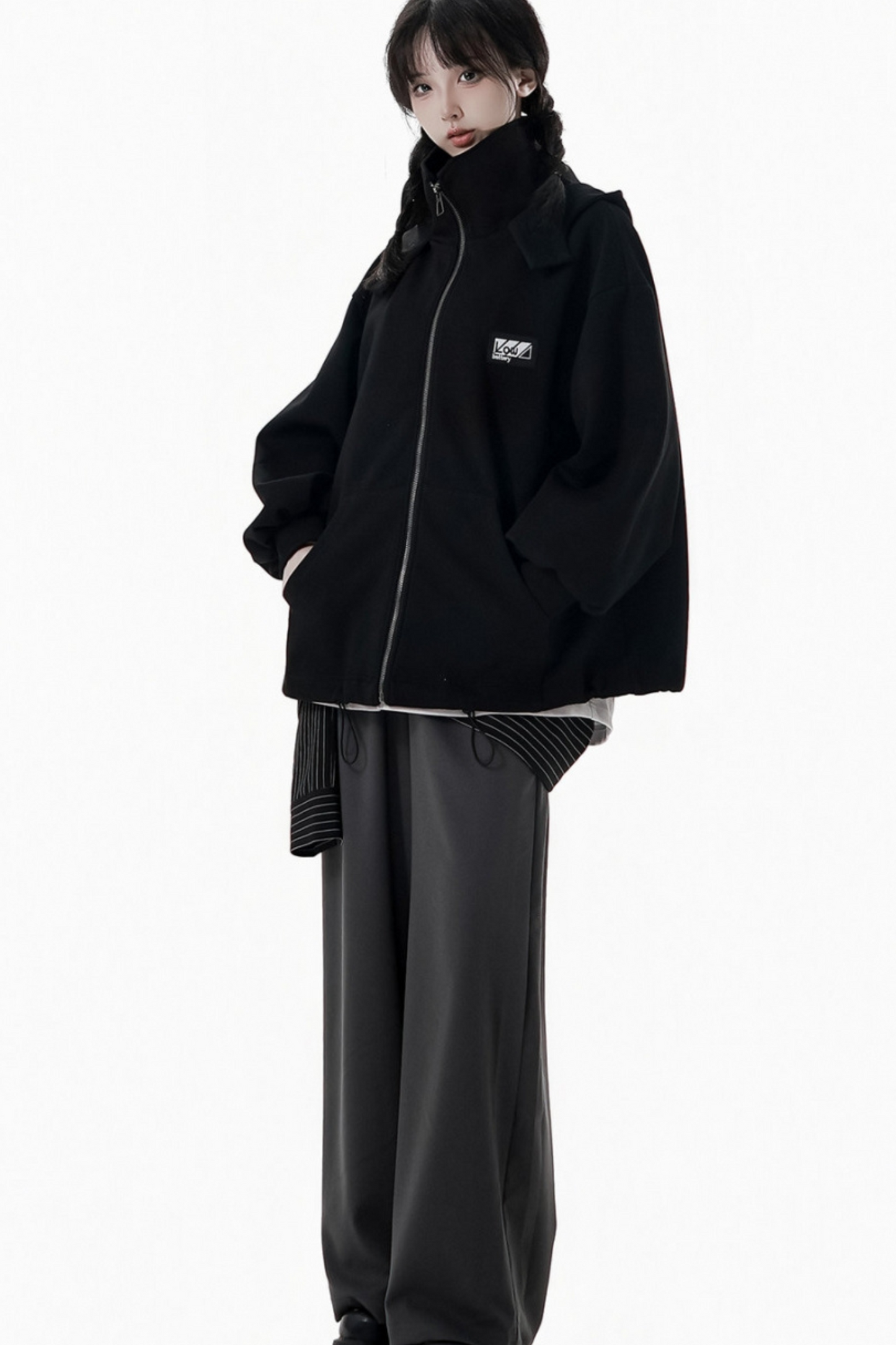 Neutral hooded jacket + coat + top + pants + straps